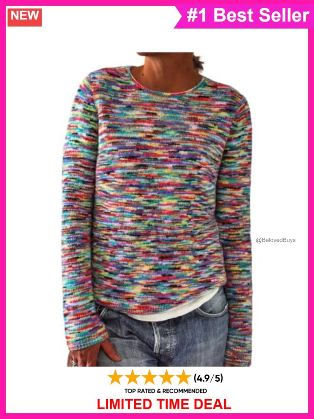Fair Isle Knit Sweater Long Sleeve Pullover Crew Neck Loose Fit